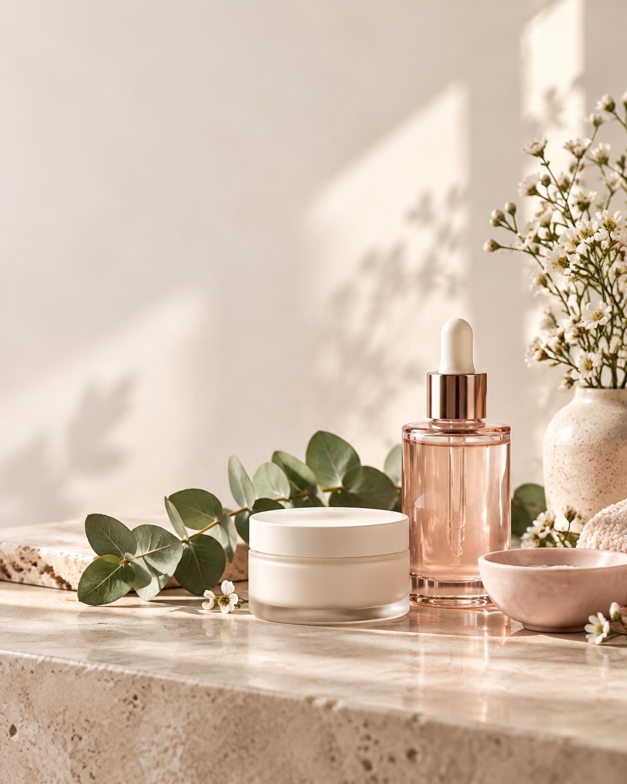 Produtos de skincare natural com folhas e flores